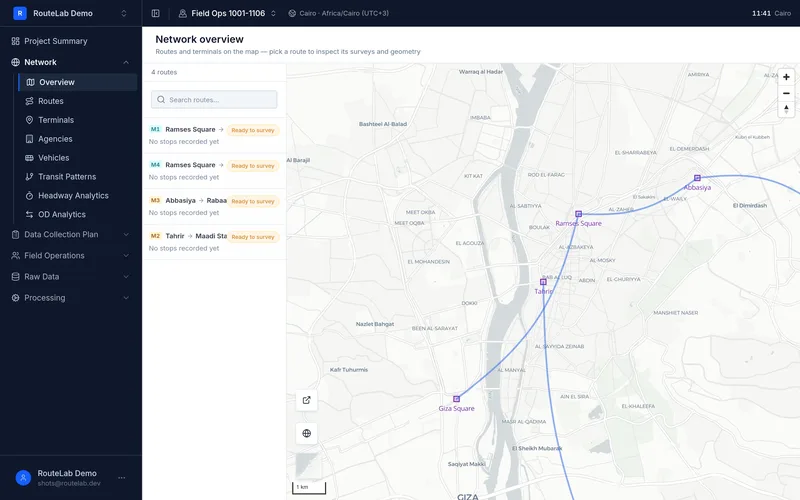 The network model: routes, terminals and stops on the map