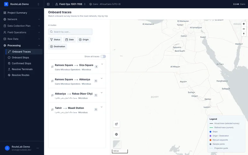 Onboard traces map-matched to the road network, trip by trip
