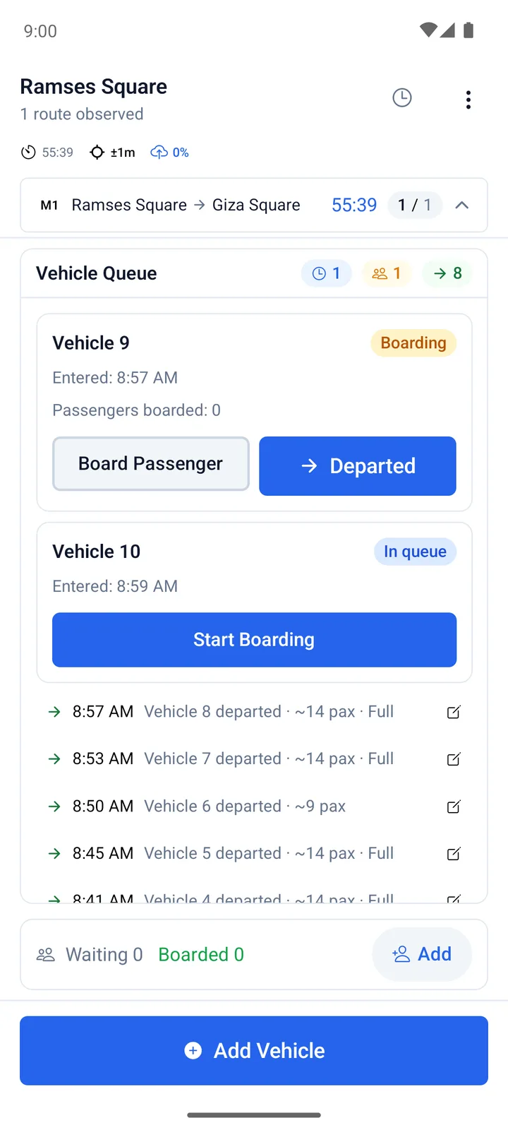 A frequency session in Observer, showing vehicles queued and boarding and the departures timed so far