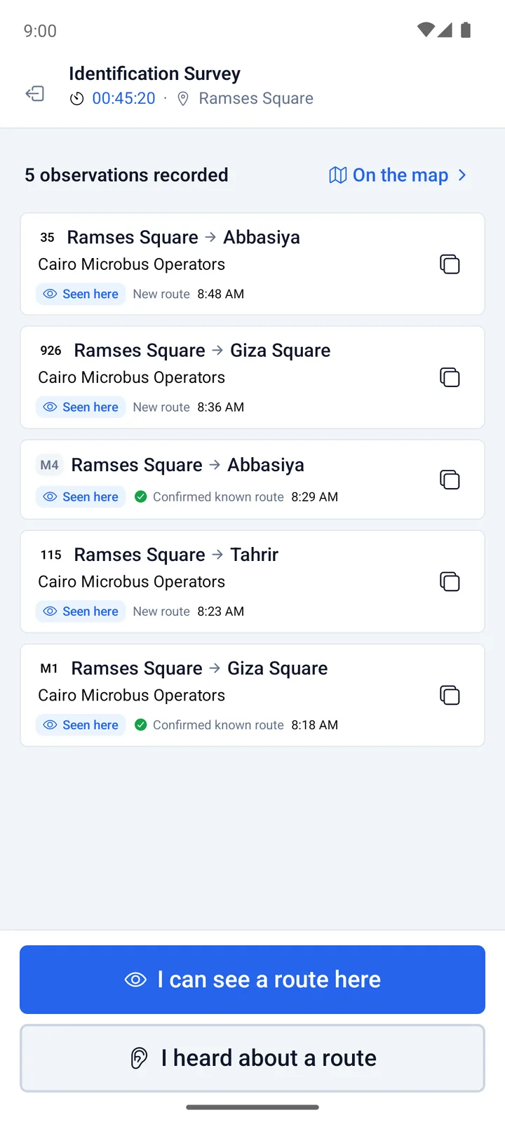 Observer's identification survey at Ramses Square, listing documented routes seen and new routes identified